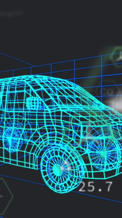 Animation of multiple digital icons over 3d van model moving in seamless pattern Stock Footage 342953919