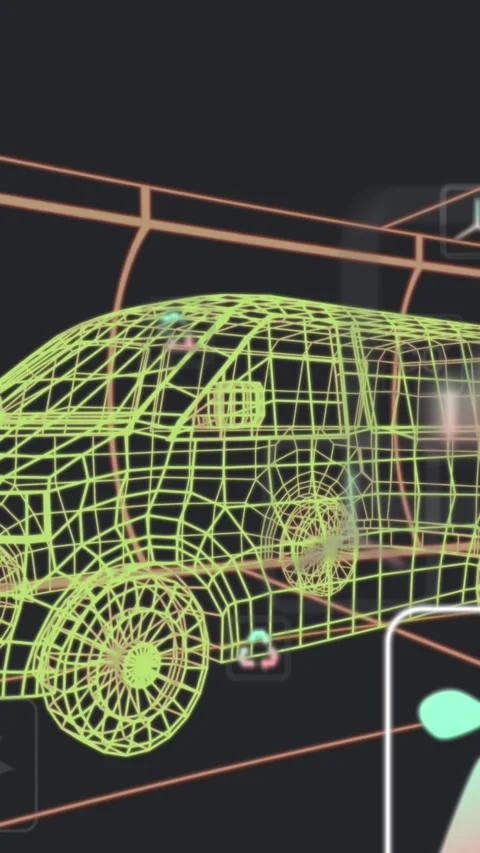 Animation of multiple digital icons over 3d van model moving in seamless pattern Stock Footage 342996645