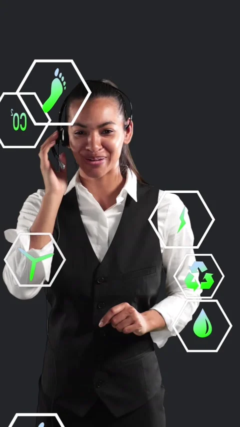 Animation of multiple digital icons over businesswoman talking on phone headset Stock Footage 343644946