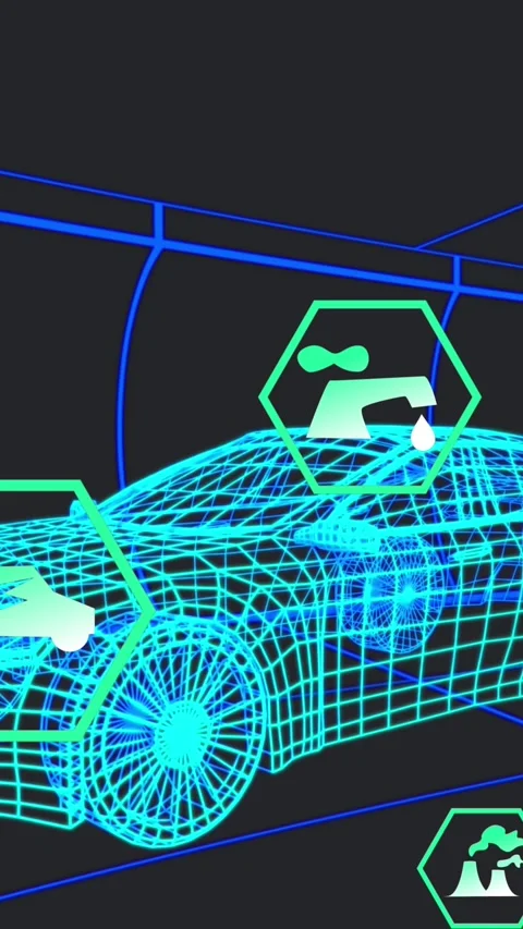 Animation of multiple digital icons over 3d car model moving in seamless pattern Stock Footage 344524856