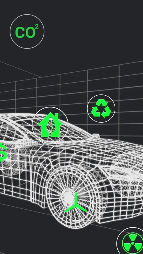 Animation of multiple digital icons over 3d car model moving in seamless pattern Stock Footage 344594495