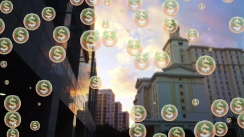 Animation of multiple dollar eyes face emojis against tall buildings Stock Footage 327582811