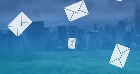 Animation of multiple email envelope icons over cityscape 스톡 동영상 152168203
