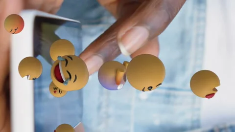 Animation of multiple face emojis floating over mid section of a woman using Stock Footage 312570175