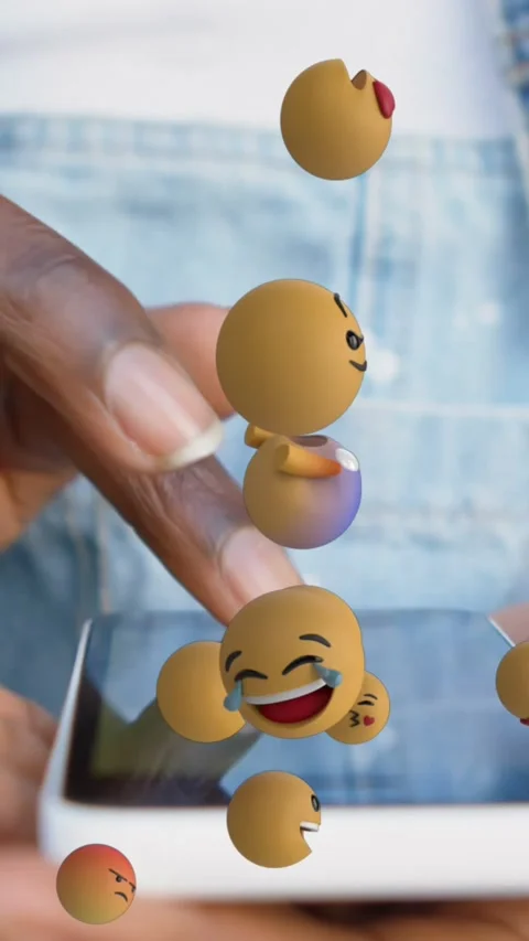 Animation of multiple face emojis floating over mid section of a woman using Stock Footage 321788347