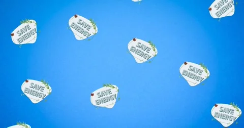 Animation of multiple falling save energy text and logos, on blue background Stock Footage 328405221