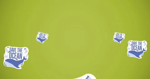 Animation of multiple falling save the ocean text and whale logos on green Stock Footage 331621749