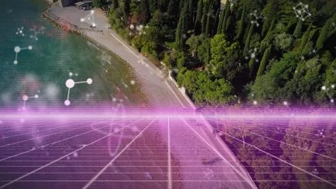 Animation of multiple floating molecules, grid pattern over aerial view building Stock Footage 221007390