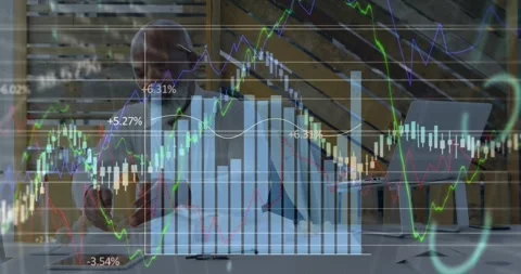 Animation of multiple graph and increasing numbers, african american businessman 스톡 동영상 329863977
