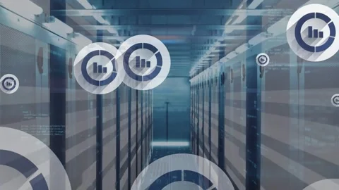 Animation of multiple graph icons and light trails against computer server room 스톡 동영상 330659715