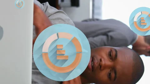 Animation of multiple graph icons over tired african american man looking at 스톡 동영상 312472248