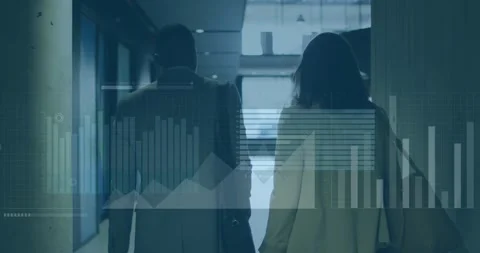 Animation of multiple graph over rear view of diverse coworkers discussing while 스톡 동영상 326760814