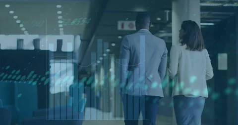 Animation of multiple graph over rear view of diverse coworkers discussing and 스톡 동영상 328648447