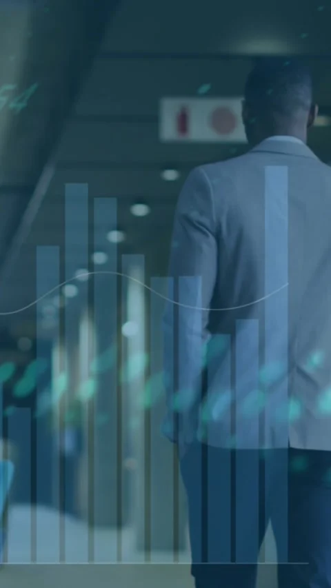 Animation of multiple graph over rear view of diverse coworkers discussing and Stock Footage 341976547