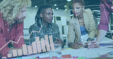 Animation of multiple graphs and binary codes over multiracial colleagues Stock Footage 329511608