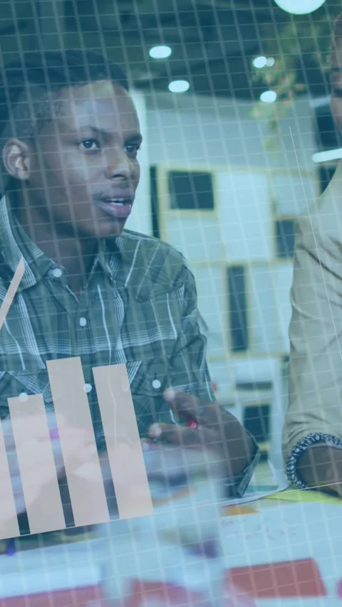 Animation of multiple graphs and binary codes over multiracial colleagues Stock Footage 343828984