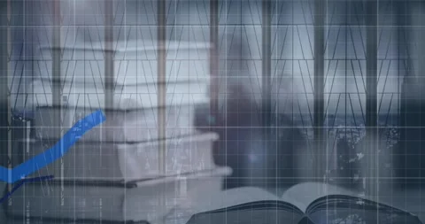 Animation of multiple graphs and books on table over time lapse of walking Stock Footage 328642478