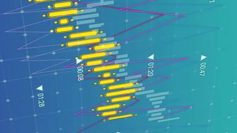 Animation of multiple graphs and changing numbers over grid pattern against blue Stock Footage 312366059