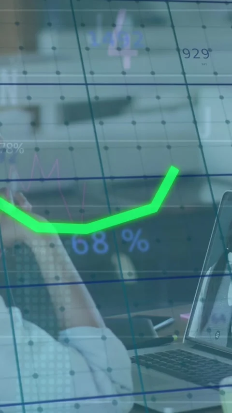 Animation of multiple graphs and changing numbers, woman watching online classes Stock Footage 320922086