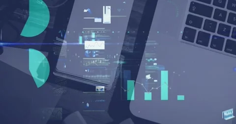 Animation of multiple graphs and computer language over laptop and notepad on Stockbeeldmateriaal 255170058