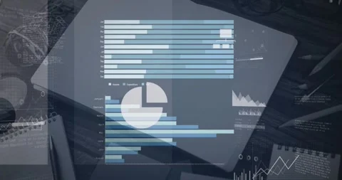 Animation of multiple graphs and computer applications over laptop Stockbeeldmateriaal 255170066