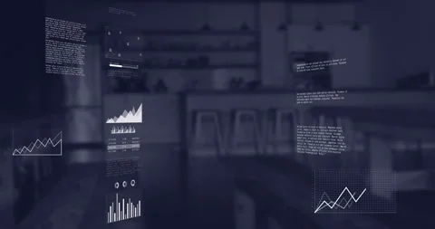 Animation of multiple graphs and computer language over defocused cafes interior Stock Footage 328240333