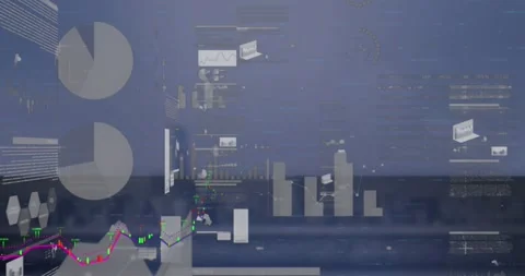 Animation of multiple graphs and computer language over building against sky Stock Footage 329422251