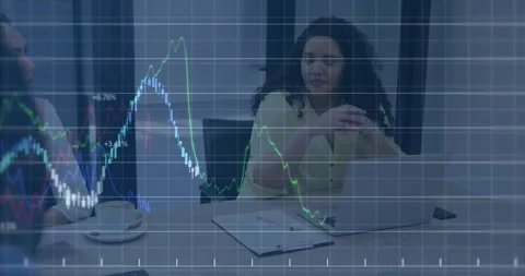 Animation of multiple graphs and grid over biracial businesswoman with laptop Stock Footage 249679418