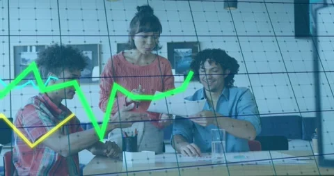 Animation of multiple graphs and grid pattern, diverse coworkers sharing ideas Video stock 249679793
