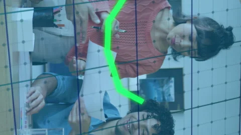 Animation of multiple graphs and grid pattern, diverse coworkers sharing ideas Video stock 312916553