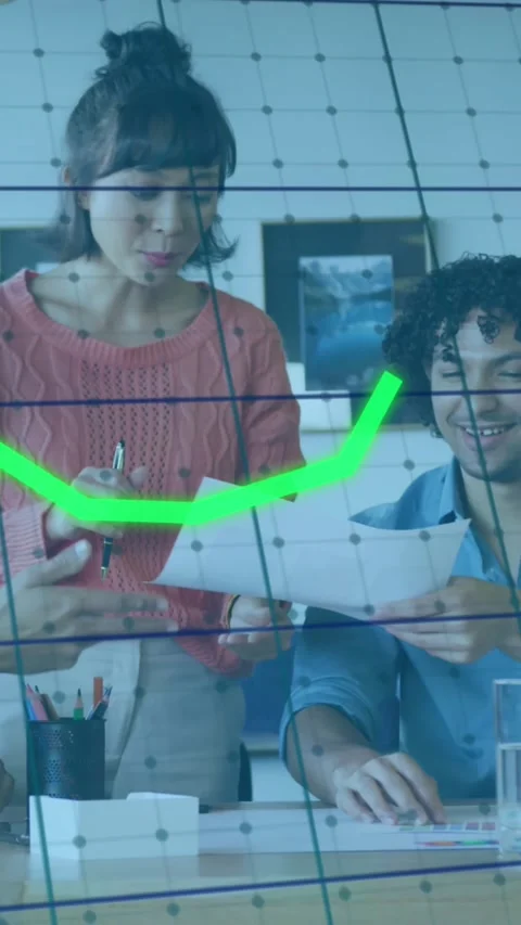 Animation of multiple graphs and grid pattern, diverse coworkers sharing ideas Video stock 320983898