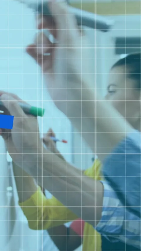 Animation of multiple graphs and grid pattern over diverse coworkers writing on Video stock 323577929