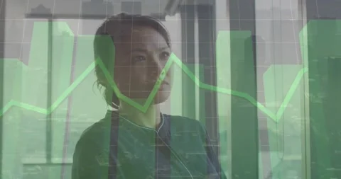 Animation of multiple graphs and grid pattern over thoughtful asian woman Stock Footage 328413138