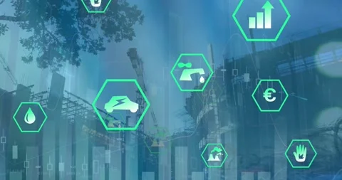 Animation of multiple graphs and icons over tree and under construction building Stock Footage 328354719