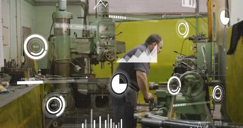 Animation of multiple graphs and loading bars over caucasian mechanic operating Stock Footage 237579437
