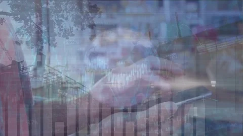 Animation of multiple graphs and midsection of woman using cellphone over Stock Footage 328145427