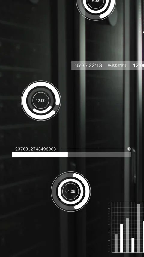 Animation of multiple graphs and moving over data server racks Stock Footage 344636355