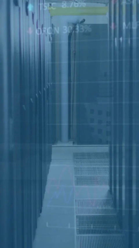 Animation of multiple graphs and stock market board over data center room Stock Footage 342707550