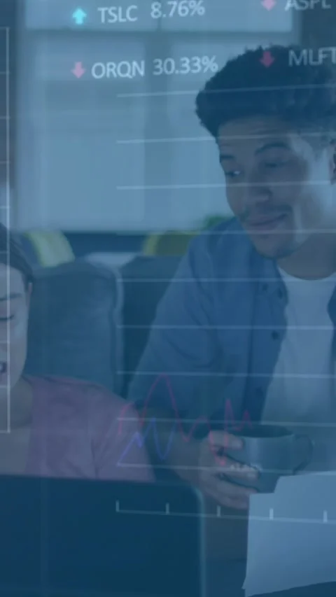 Animation of multiple graphs and trading board over diverse couple checking Stock Footage 344706545