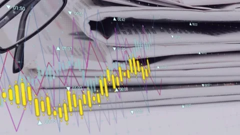 Animation of multiple graphs with arrows and numbers moving over stacked Stock Footage 326880644