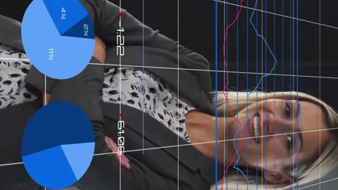 Animation of multiple graphs with changing numbers over smiling woman standing Stockbeeldmateriaal 312287166