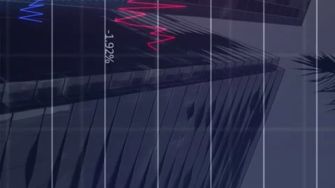 Animation of multiple graphs with changing numbers over low angle view of Stock Footage 313123486