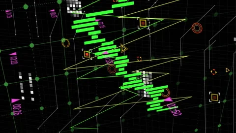 Animation of multiple graphs with changing numbers over circuit board pattern on 스톡 동영상 314143841