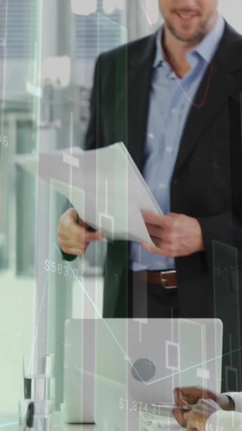 Animation of multiple graphs, changing numbers, diverse manager distributing Vídeo Stock 320921645