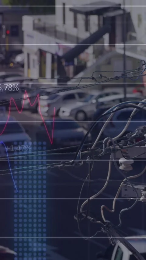 Animation of multiple graphs with changing numbers over moving vehicles on Stock Footage 320922029