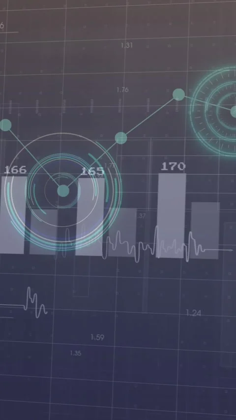 Animation of multiple graphs with changing numbers over loading circles on Stock Footage 321039184