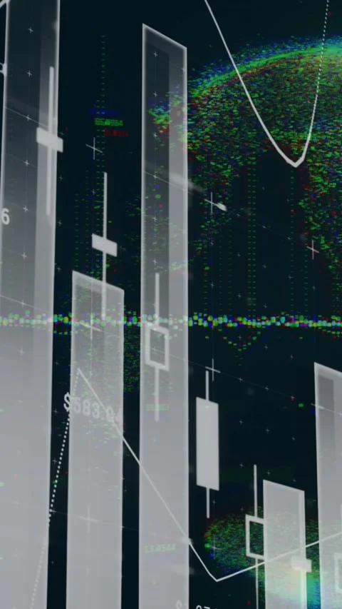 Animation of multiple graphs with changing numbers over graph and globe on black 스톡 동영상 321039321