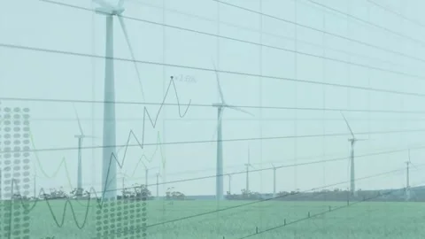 Animation of multiple graphs with changing numbers over spinning windmills Video stock 326298566