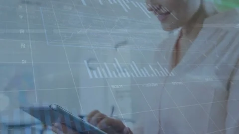 Animation of multiple graphs with changing numbers, caucasian woman using Stock-Footage 327646380