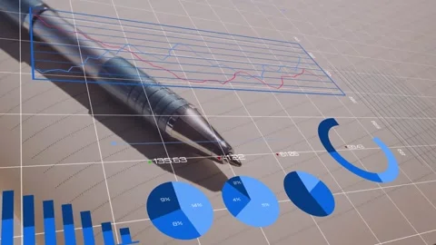 Animation of multiple graphs with changing numbers over grid pattern against pen Stock Footage 328240314